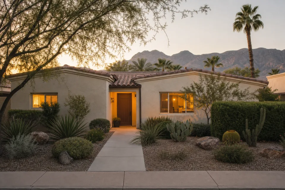 A single-story Arizona home with desert landscaping and a clear path to the front door at first light.