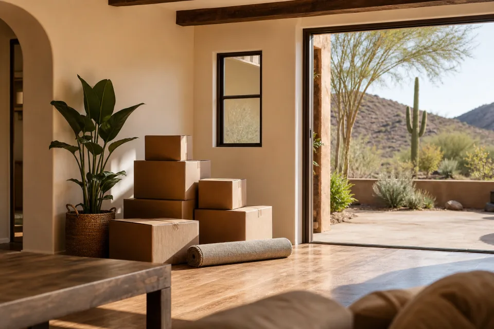 Moving boxes in a sunlit Arizona living room beside an open door to a desert-landscaped patio.