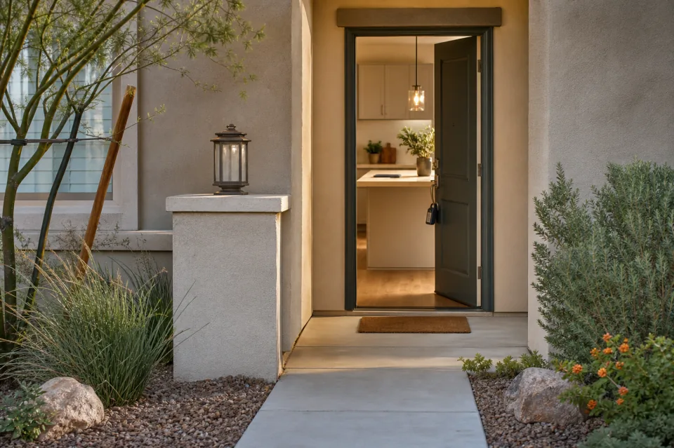 An open front door with a key lockbox and a prepared kitchen visible inside an Arizona home.