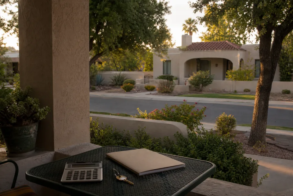 A calculator, house key, and plain folder on the shaded porch of a well-maintained Arizona home.